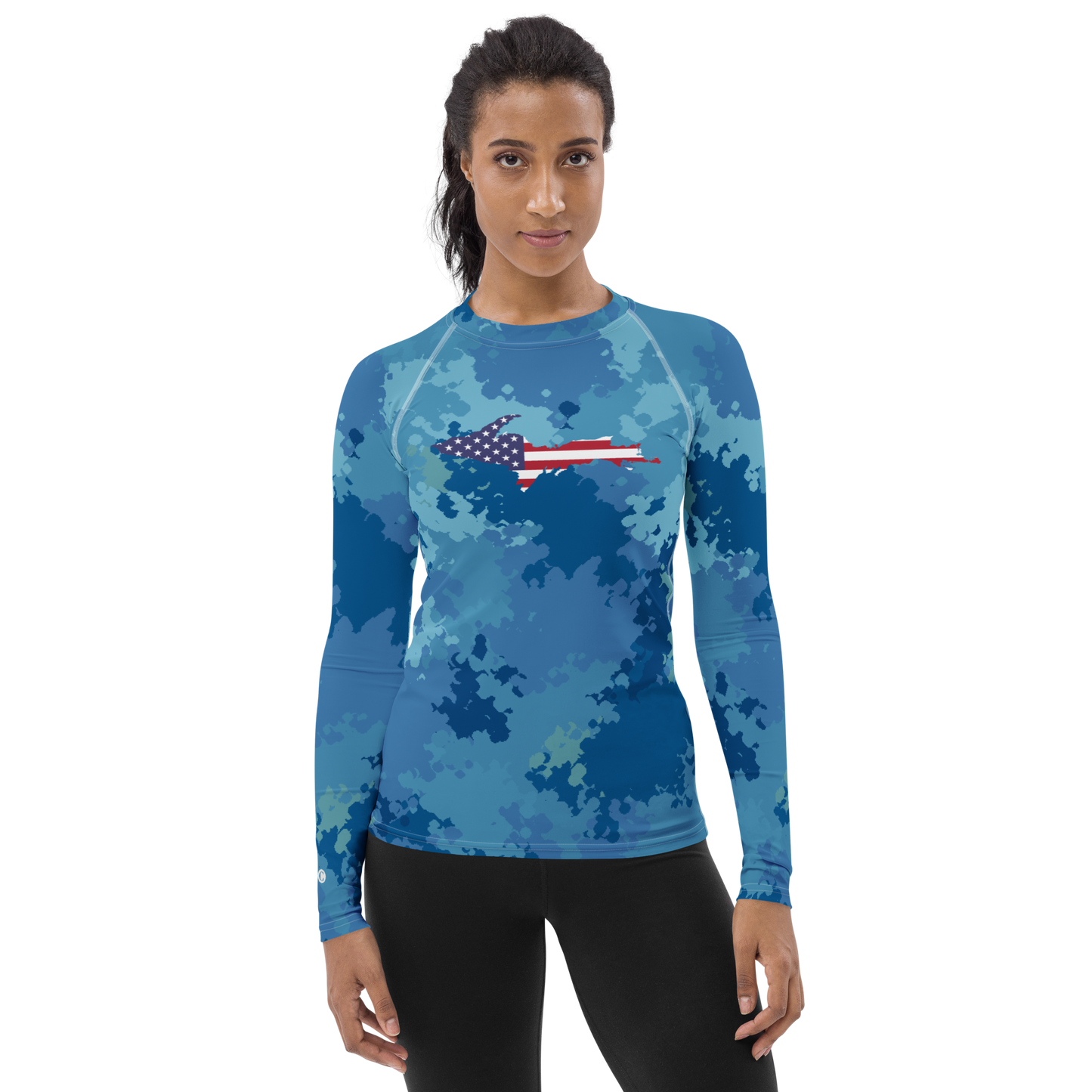 Michigan Upper Peninsula Rash Guard (w/ UP USA Flag) | Women's - Great Lakes Camo