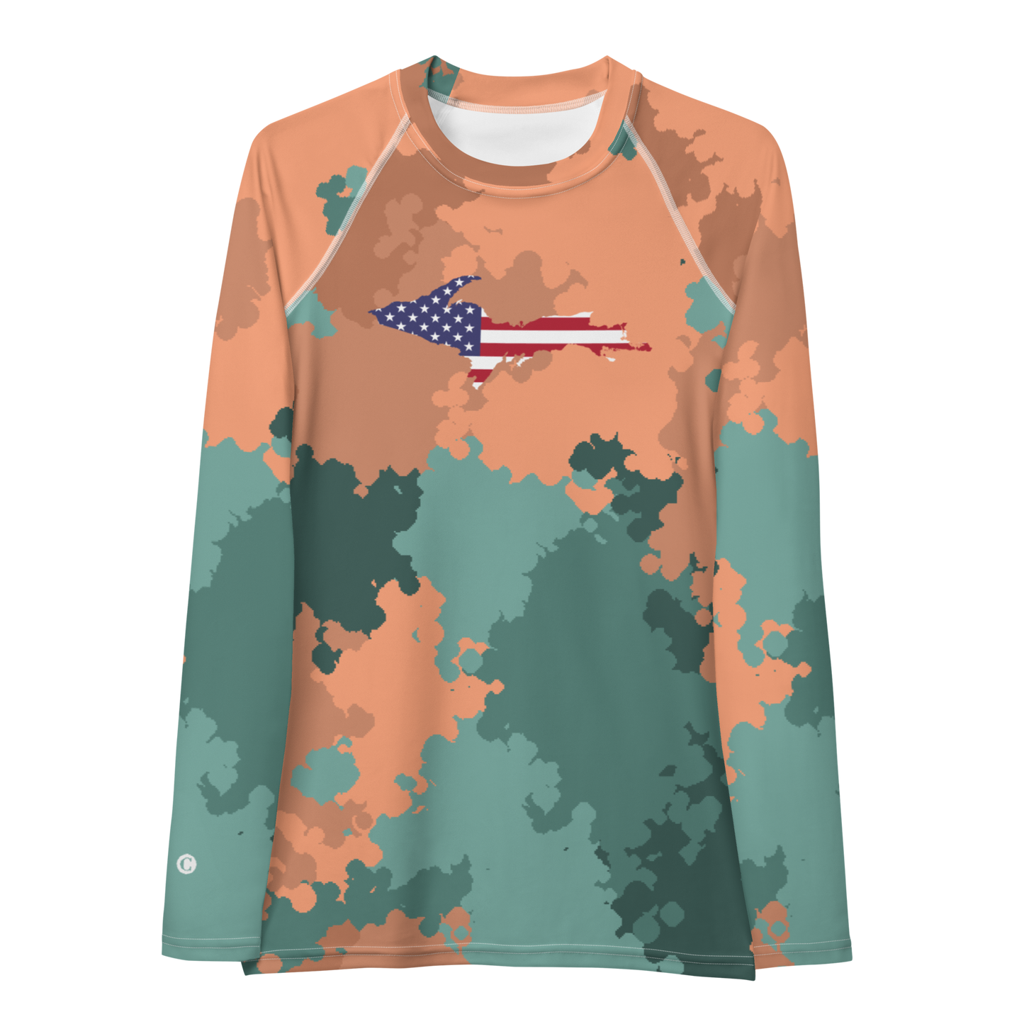 Michigan Upper Peninsula Rash Guard (w/ UP USA Flag) | Women's - Copper Country Camo