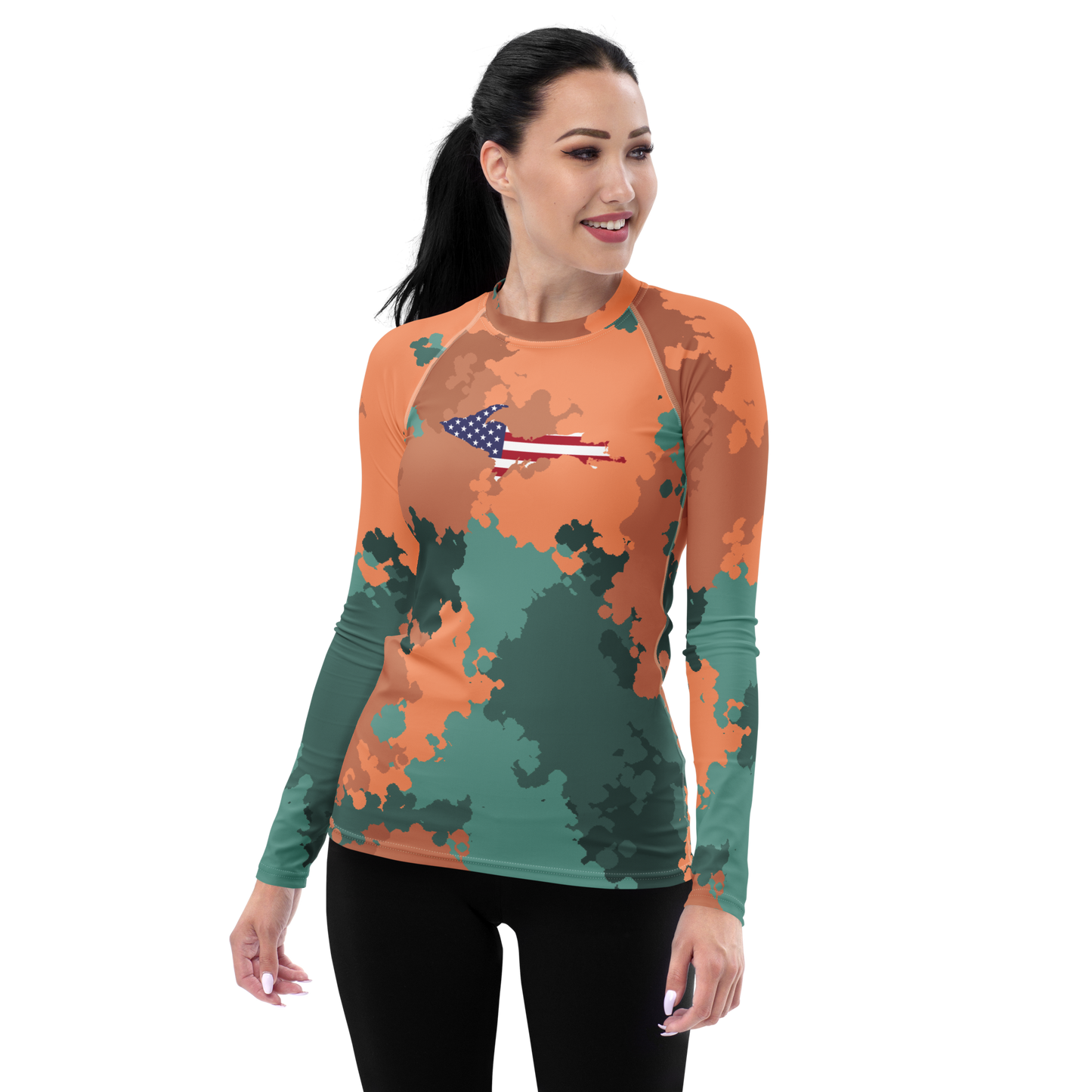 Michigan Upper Peninsula Rash Guard (w/ UP USA Flag) | Women's - Copper Country Camo