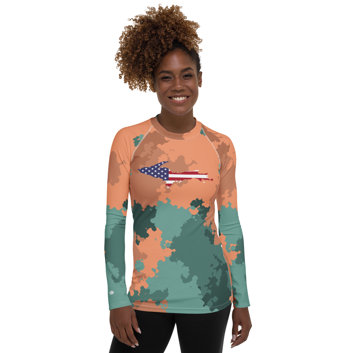 Michigan Upper Peninsula Rash Guard (w/ UP USA Flag) | Women's - Copper Country Camo