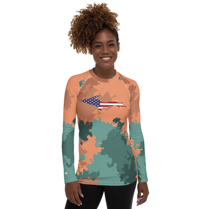 Michigan Upper Peninsula Rash Guard (w/ UP USA Flag) | Women's - Copper Country Camo