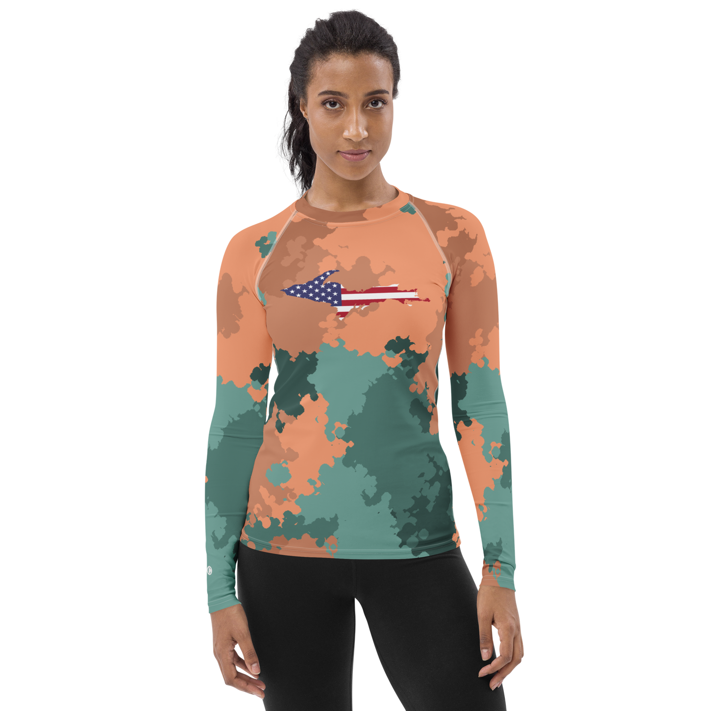 Michigan Upper Peninsula Rash Guard (w/ UP USA Flag) | Women's - Copper Country Camo