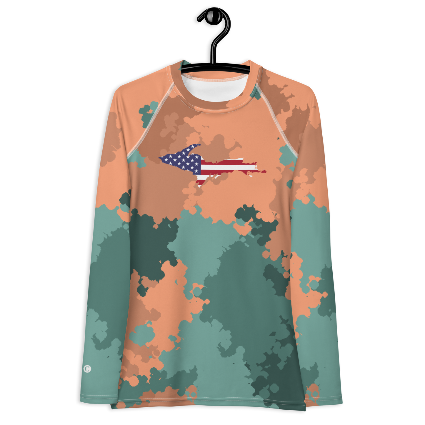 Michigan Upper Peninsula Rash Guard (w/ UP USA Flag) | Women's - Copper Country Camo