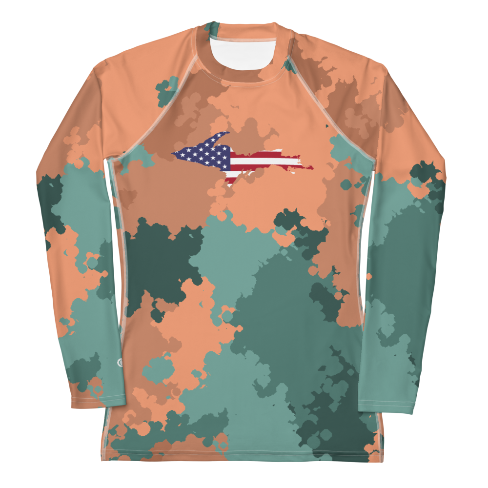 Michigan Upper Peninsula Rash Guard (w/ UP USA Flag) | Women's - Copper Country Camo