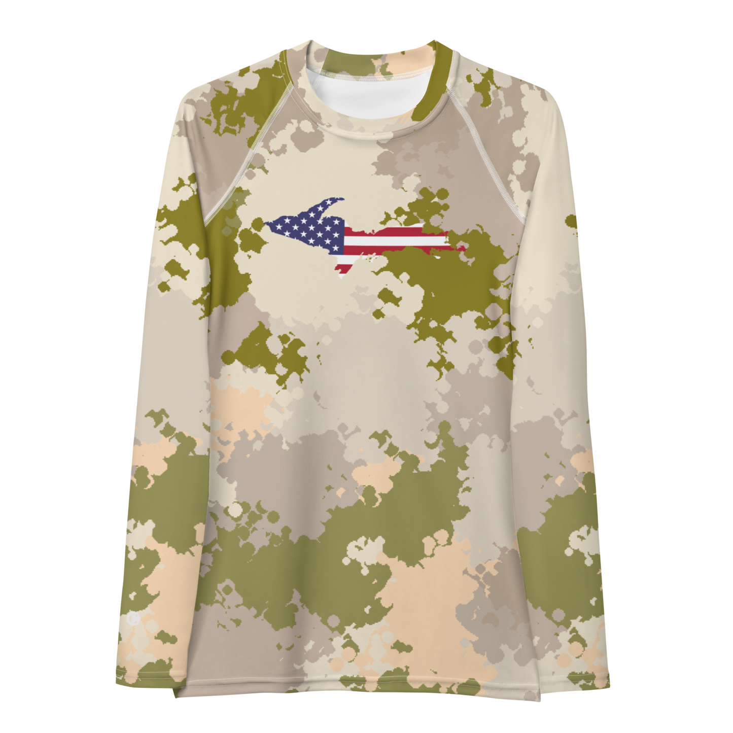 Michigan Upper Peninsula Rash Guard (w/ UP USA Flag) | Women's - Rosy Mound Camo