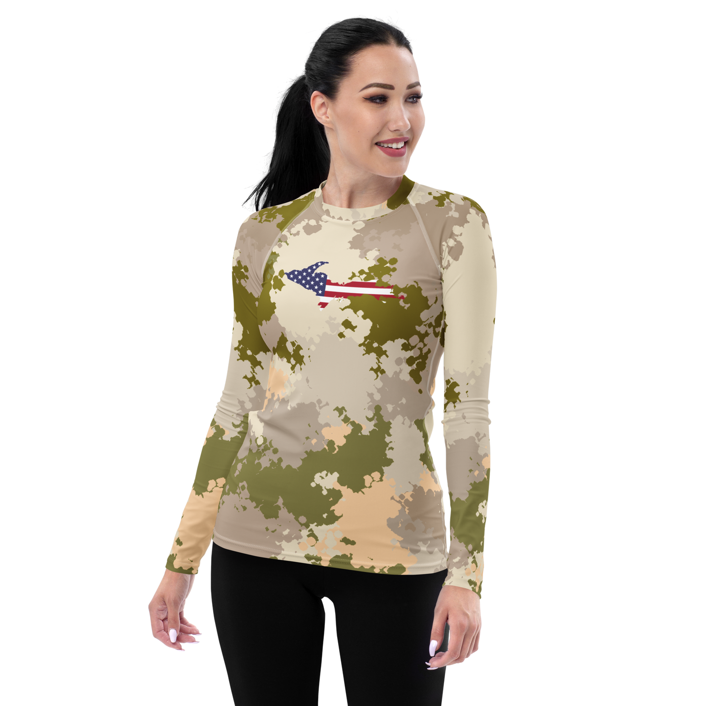 Michigan Upper Peninsula Rash Guard (w/ UP USA Flag) | Women's - Rosy Mound Camo