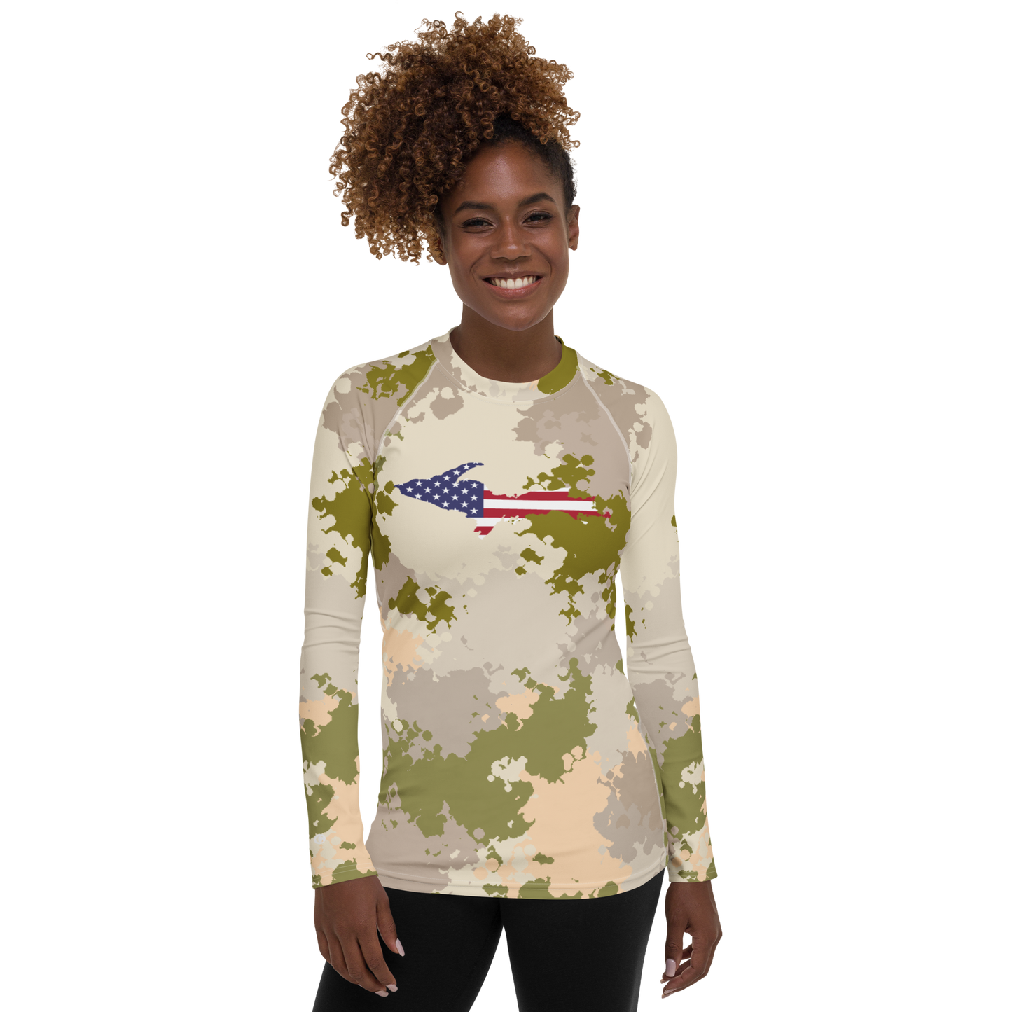 Michigan Upper Peninsula Rash Guard (w/ UP USA Flag) | Women's - Rosy Mound Camo