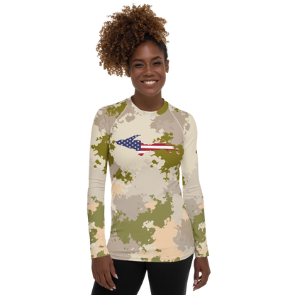 Michigan Upper Peninsula Rash Guard (w/ UP USA Flag) | Women's - Rosy Mound Camo