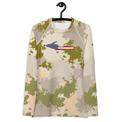 Michigan Upper Peninsula Rash Guard (w/ UP USA Flag) | Women's - Rosy Mound Camo