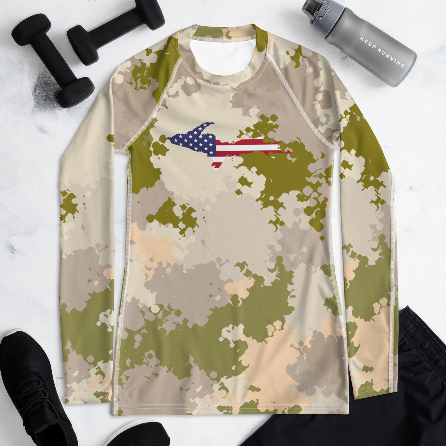 Michigan Upper Peninsula Rash Guard (w/ UP USA Flag) | Women's - Rosy Mound Camo