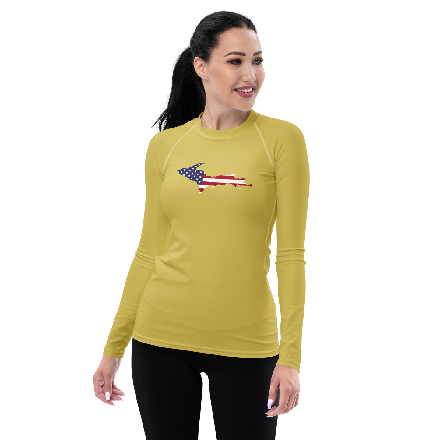 Michigan Upper Peninsula Rash Guard (w/ UP USA Flag) | Women's - Plum Yellow