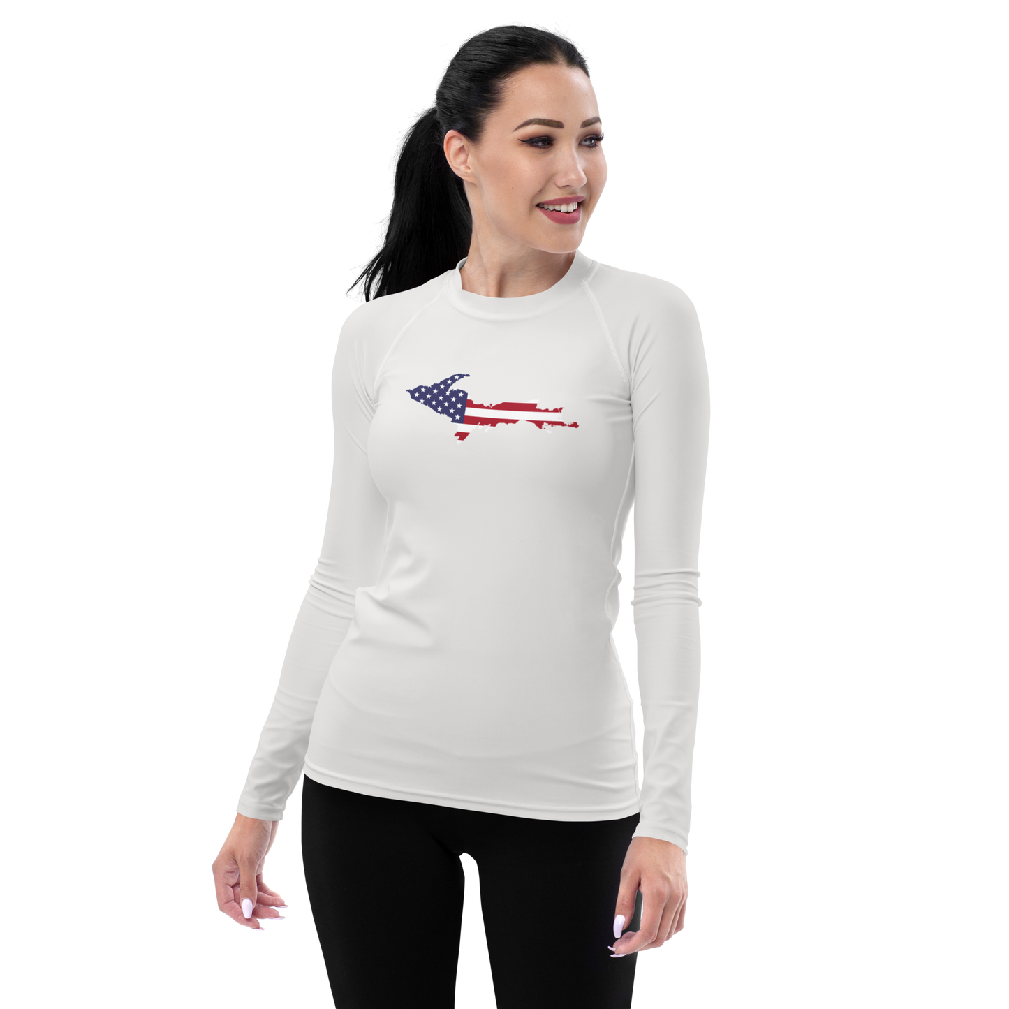 Michigan Upper Peninsula Rash Guard (w/ UP USA Flag) | Women's - Birch Bark White