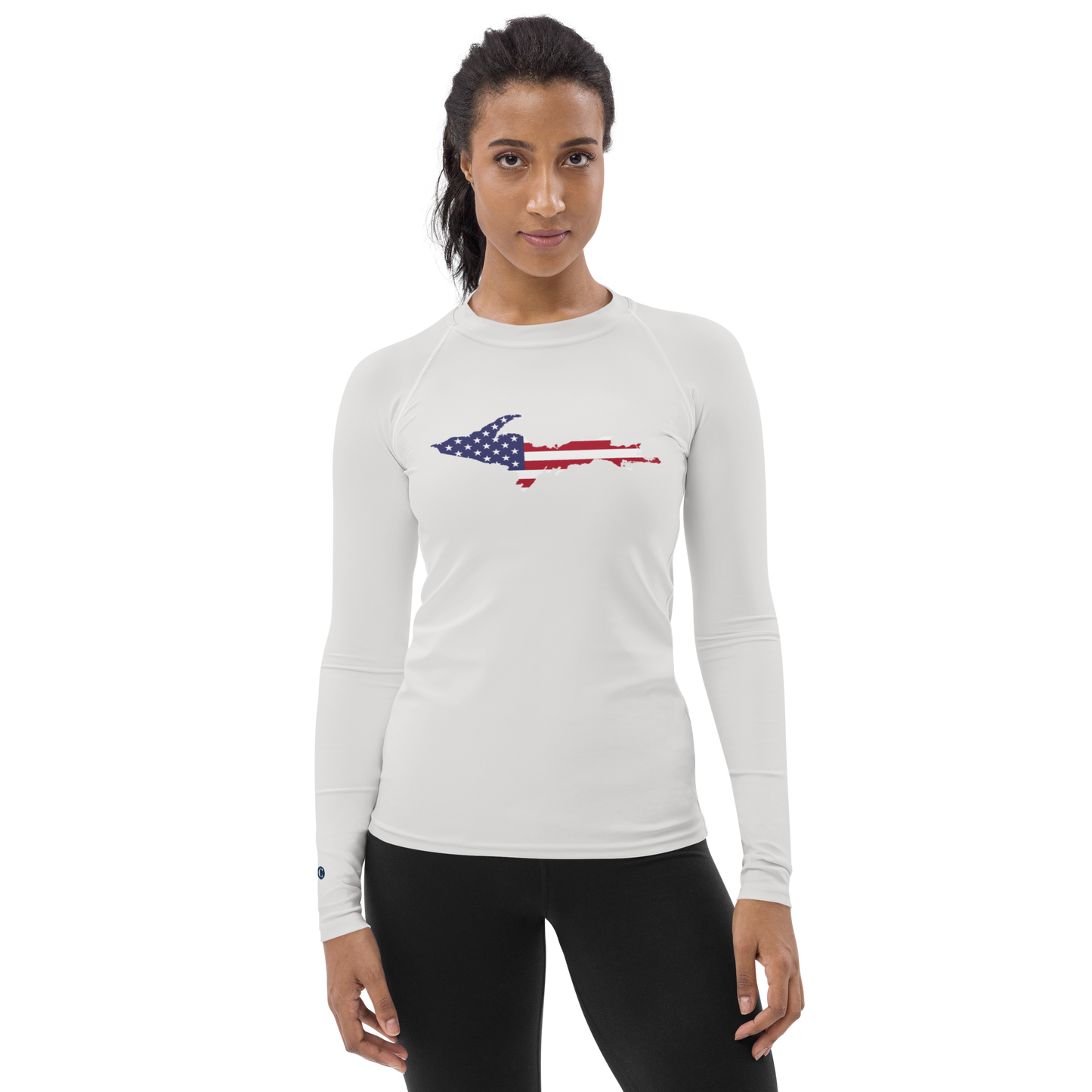 Michigan Upper Peninsula Rash Guard (w/ UP USA Flag) | Women's - Birch Bark White