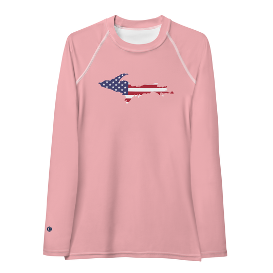 Michigan Upper Peninsula Rash Guard (w/ UP USA Flag) | Women's - Strawberry Pink