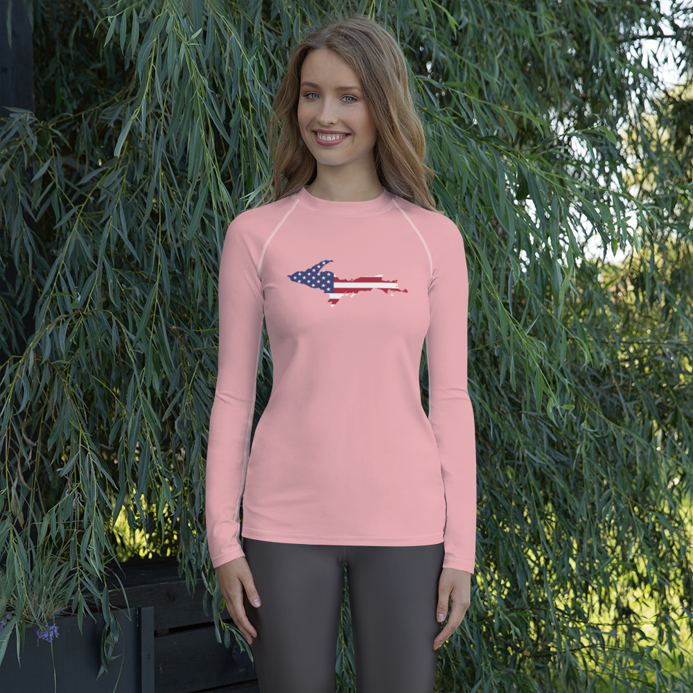 Michigan Upper Peninsula Rash Guard (w/ UP USA Flag) | Women's - Strawberry Pink