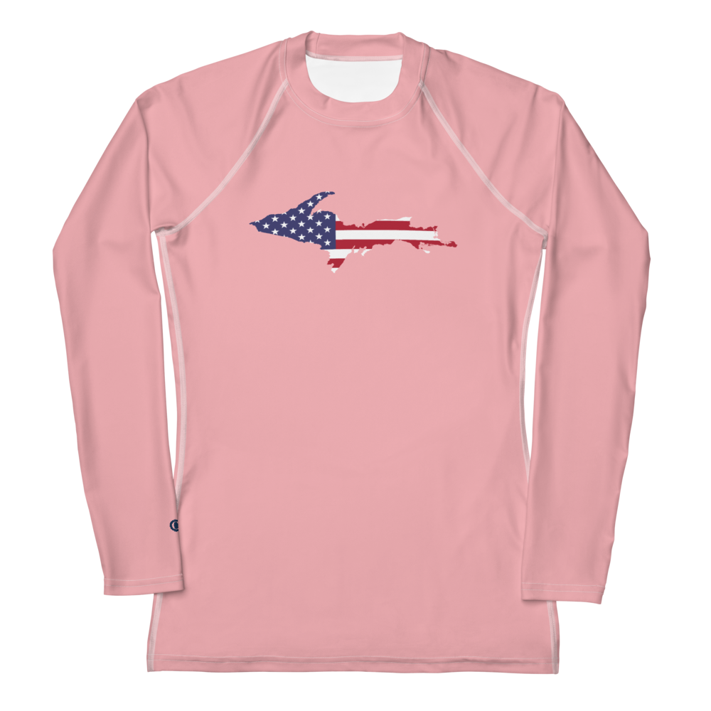 Michigan Upper Peninsula Rash Guard (w/ UP USA Flag) | Women's - Strawberry Pink