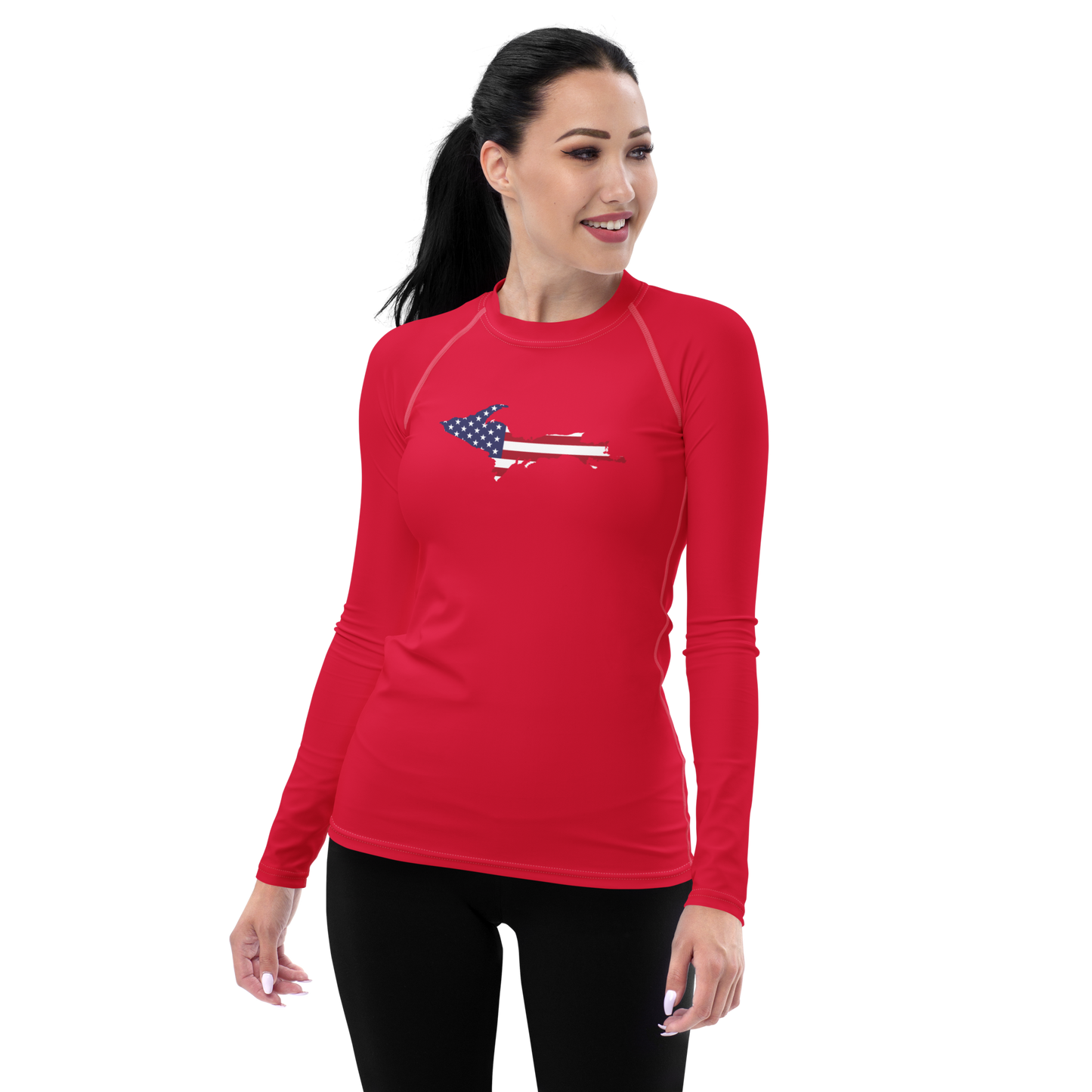 Michigan Upper Peninsula Rash Guard (w/ UP USA Flag) | Women's - Lighthouse Red