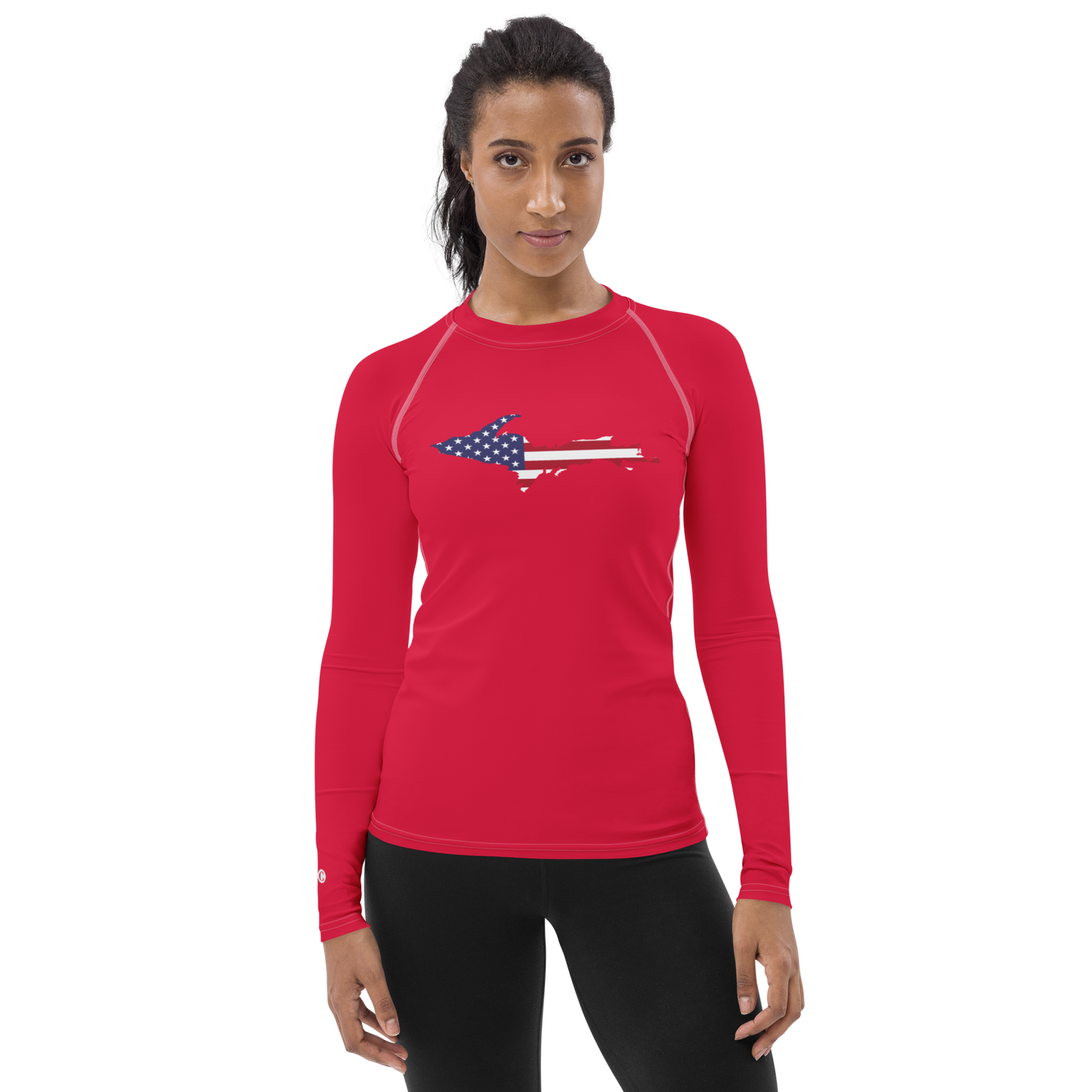 Michigan Upper Peninsula Rash Guard (w/ UP USA Flag) | Women's - Lighthouse Red