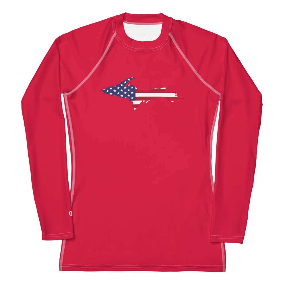 Michigan Upper Peninsula Rash Guard (w/ UP USA Flag) | Women's - Lighthouse Red