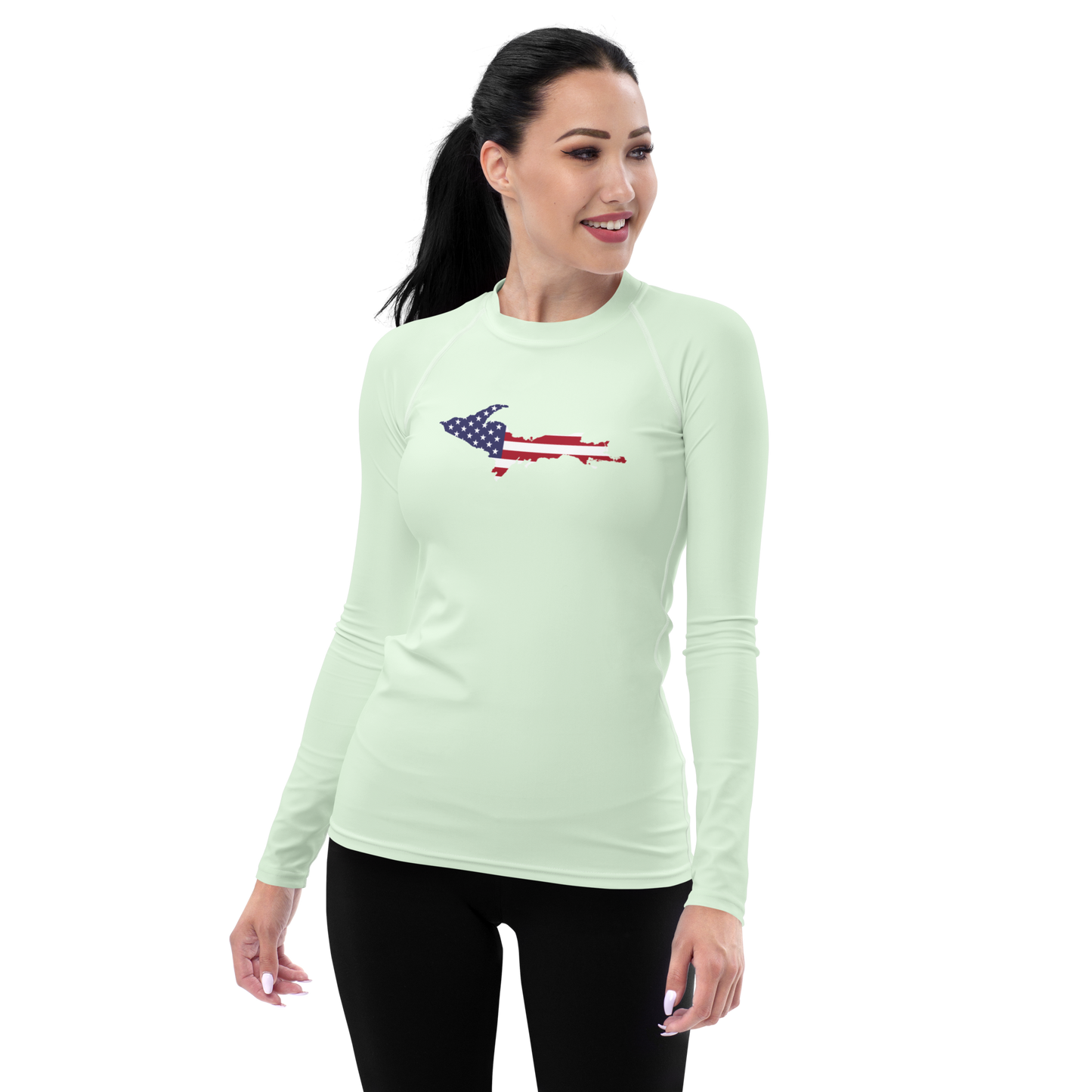 Michigan Upper Peninsula Rash Guard (w/ UP USA Flag) | Women's - Dew Green