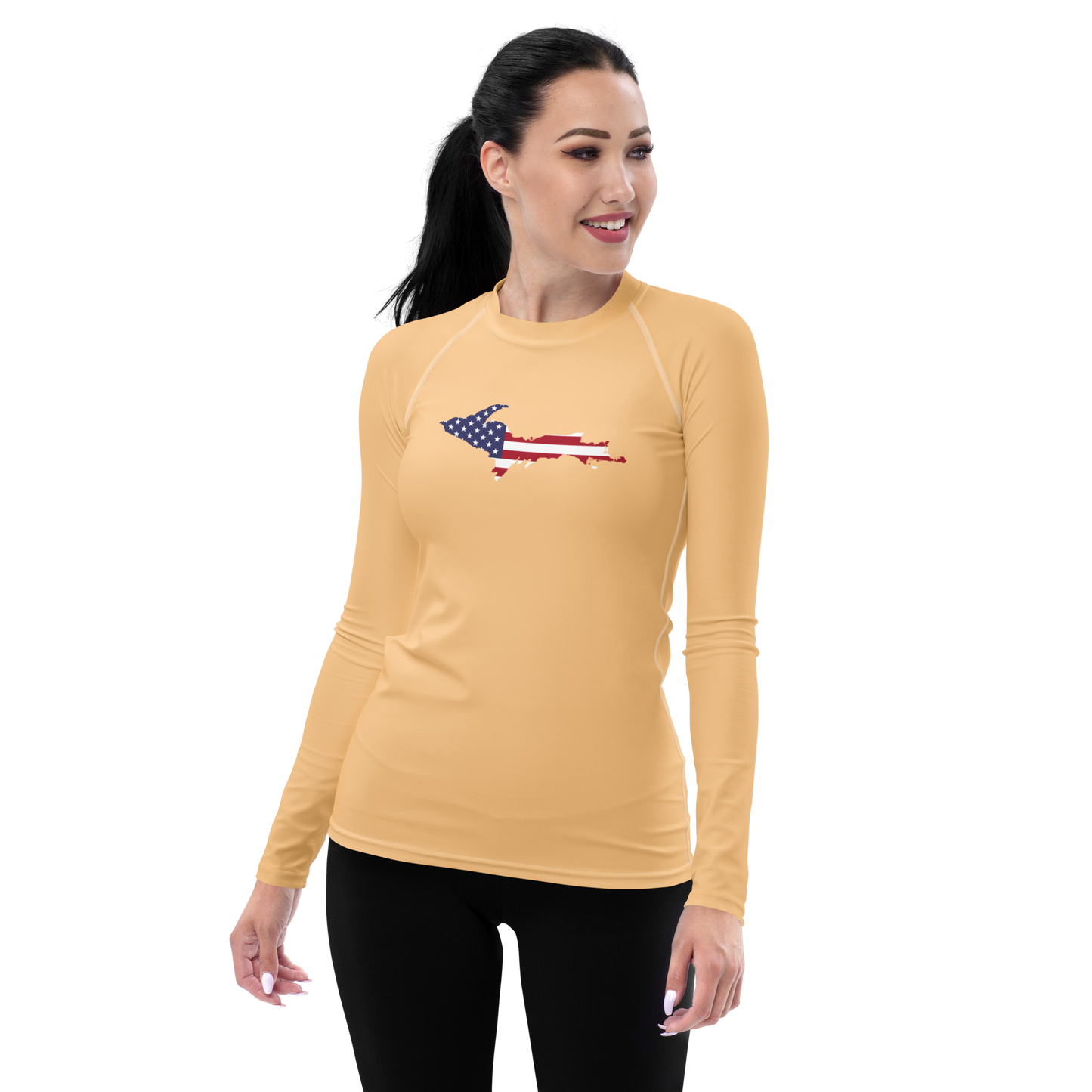 Michigan Upper Peninsula Rash Guard (w/ UP USA Flag) | Women's - Pale Apricot