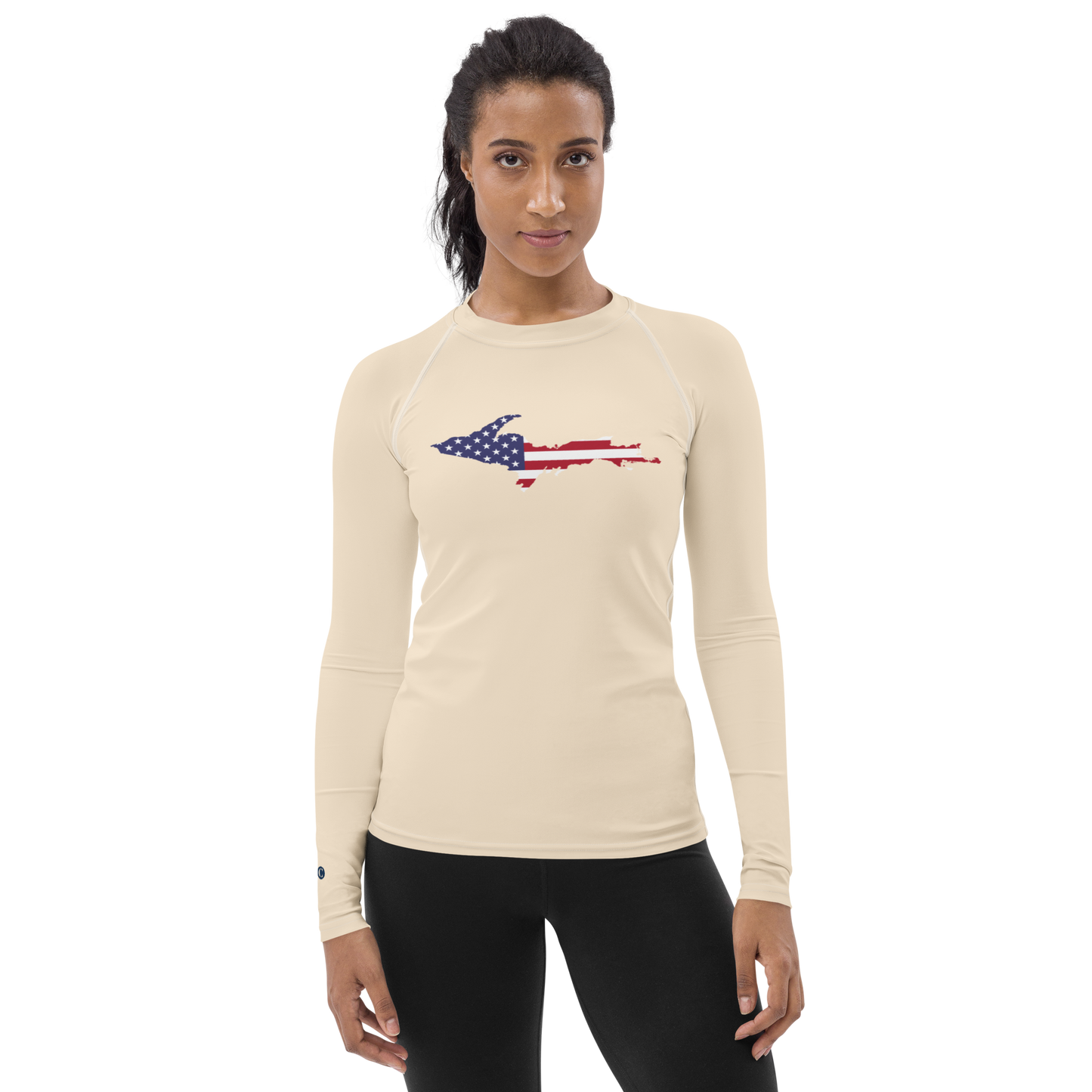 Michigan Upper Peninsula Rash Guard (w/ UP USA Flag) | Women's - Champagne White