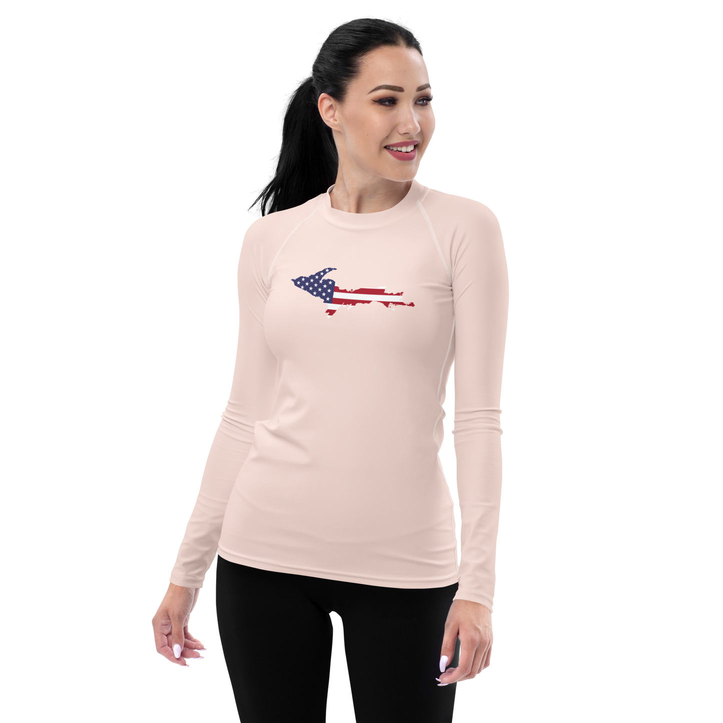 Michigan Upper Peninsula Rash Guard (w/ UP USA Flag) | Women's - Champagne Pink