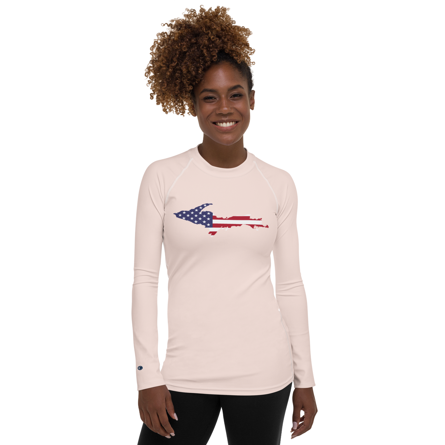 Michigan Upper Peninsula Rash Guard (w/ UP USA Flag) | Women's - Champagne Pink