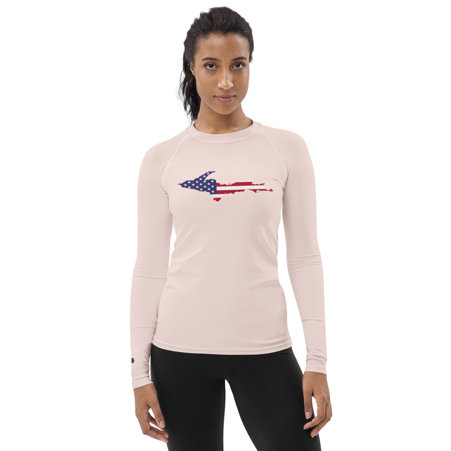 Michigan Upper Peninsula Rash Guard (w/ UP USA Flag) | Women's - Champagne Pink