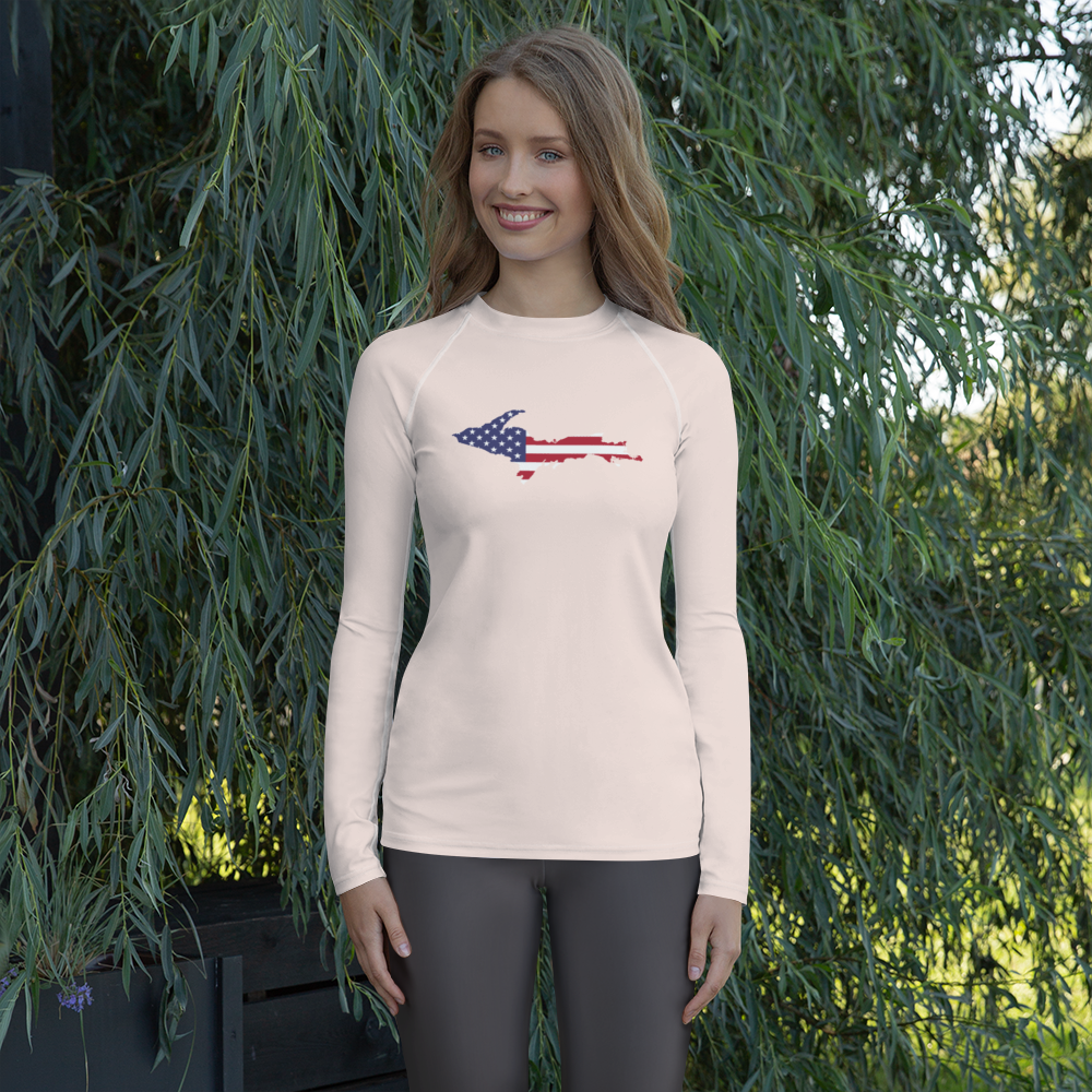 Michigan Upper Peninsula Rash Guard (w/ UP USA Flag) | Women's - Champagne Pink