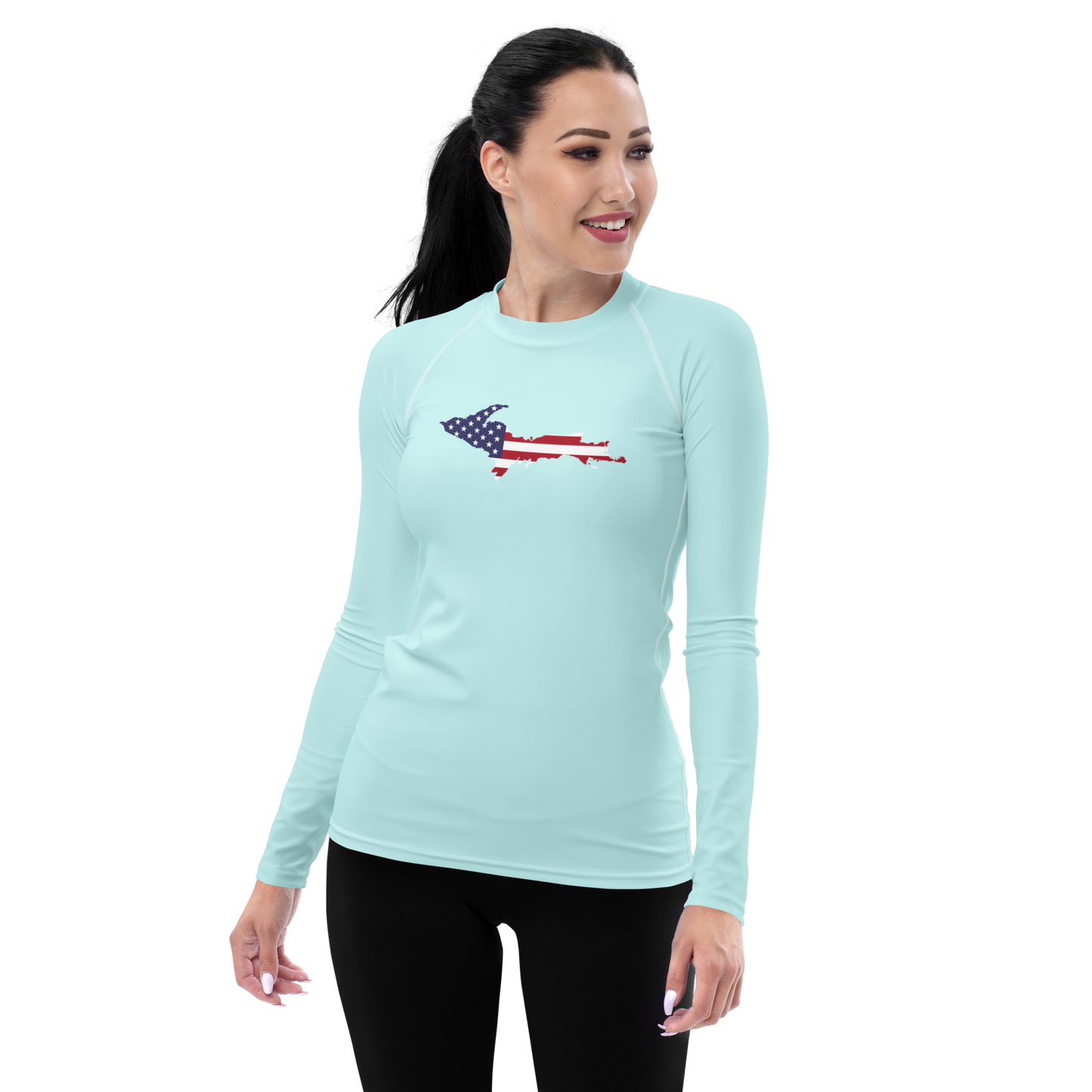 Michigan Upper Peninsula Rash Guard (w/ UP USA Flag) | Women's - Cyan