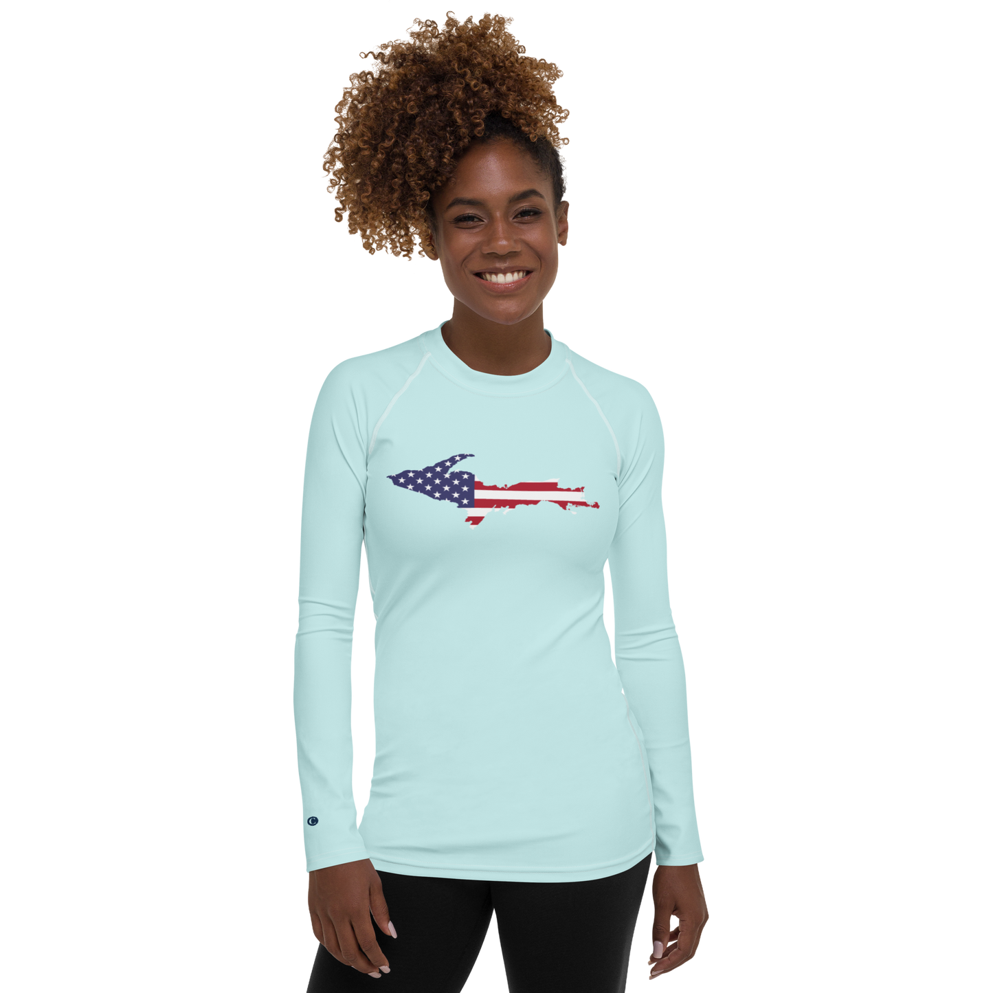 Michigan Upper Peninsula Rash Guard (w/ UP USA Flag) | Women's - Cyan