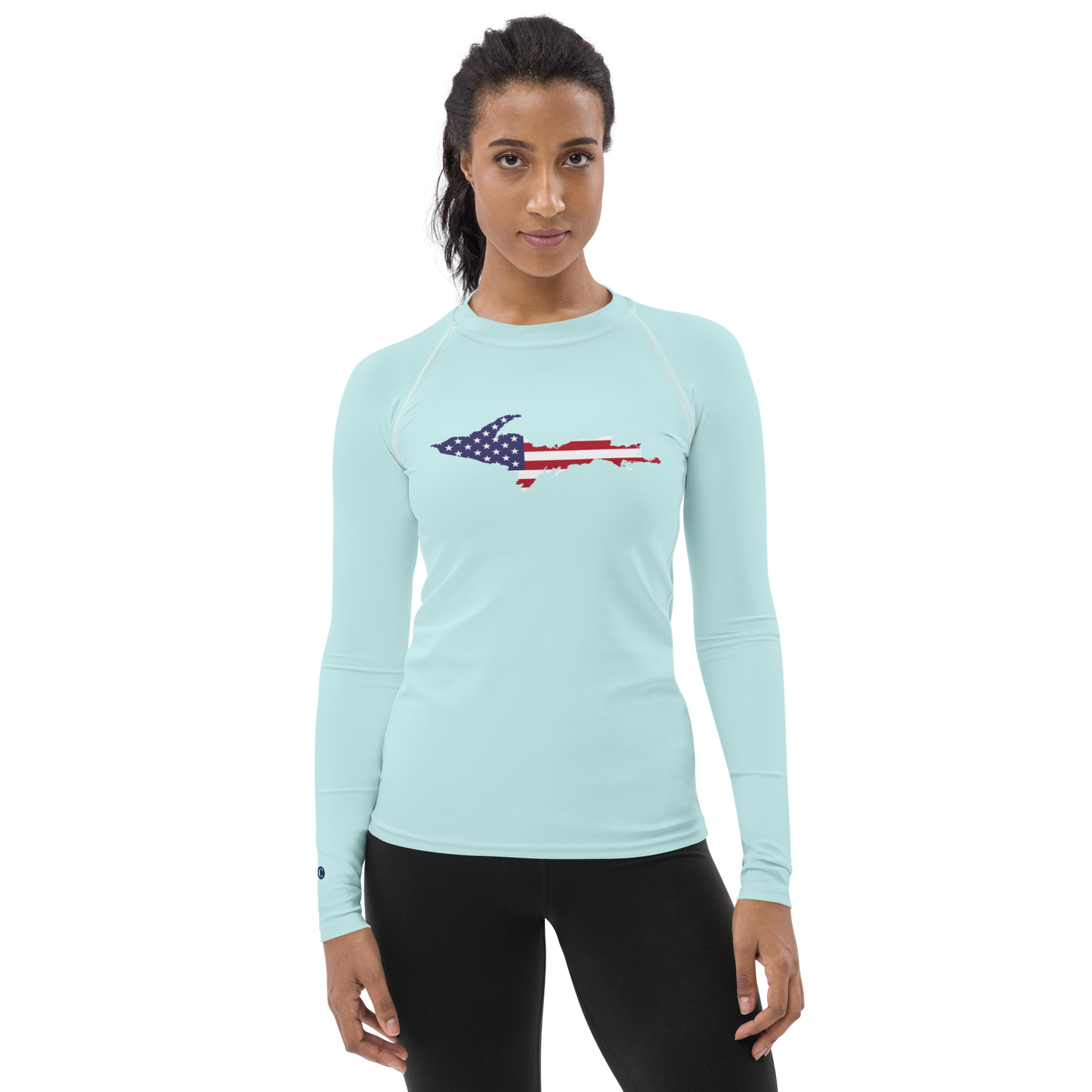 Michigan Upper Peninsula Rash Guard (w/ UP USA Flag) | Women's - Cyan