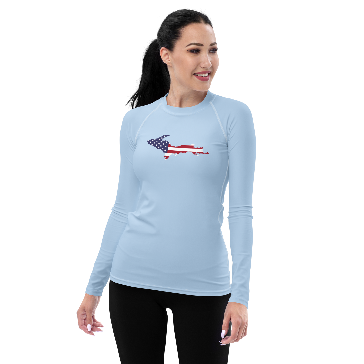 Michigan Upper Peninsula Rash Guard (w/ UP USA Flag) | Women's - Light Blue