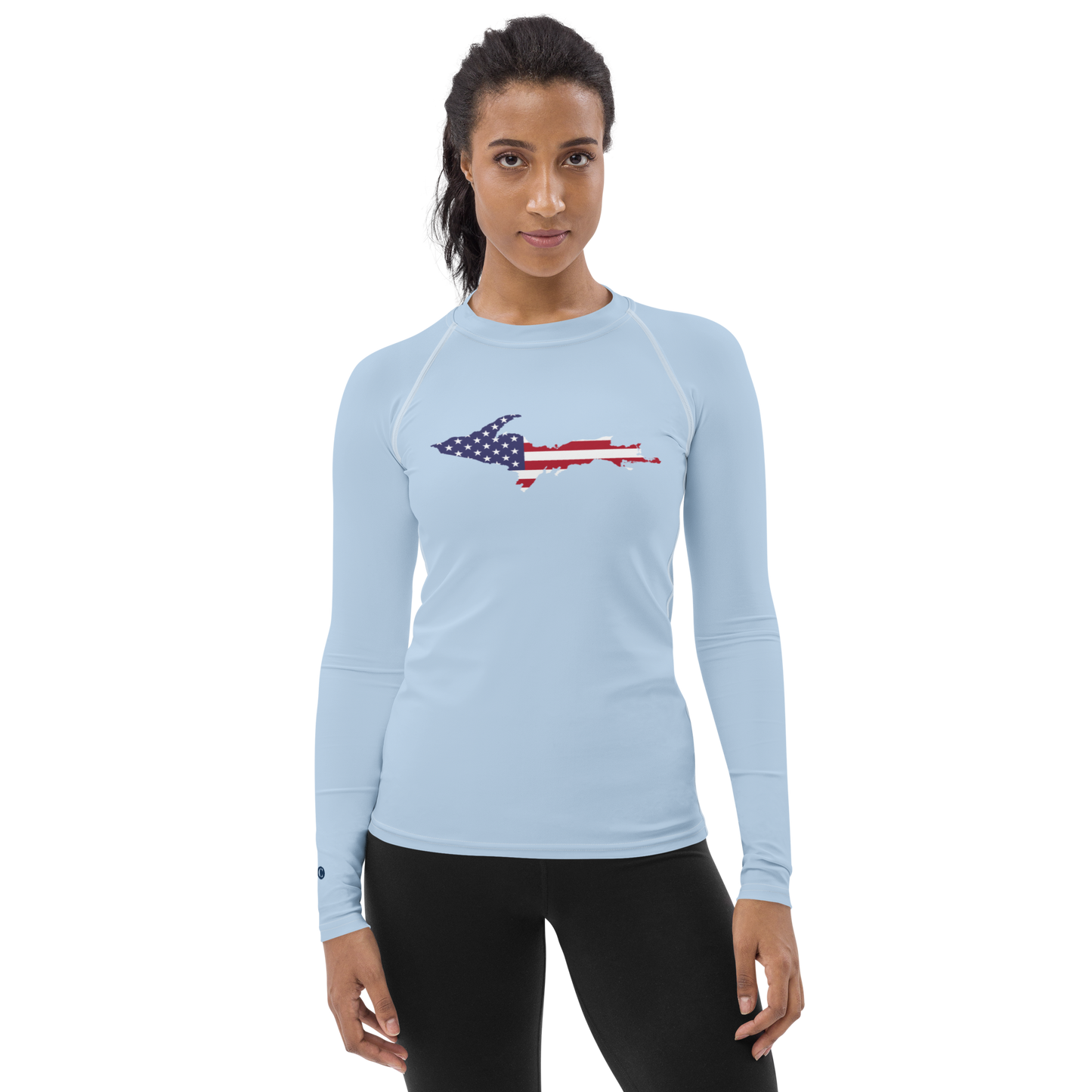 Michigan Upper Peninsula Rash Guard (w/ UP USA Flag) | Women's - Light Blue