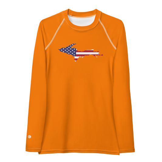 Michigan Upper Peninsula Rash Guard (w/ UP USA Flag) | Women's - Safety Orange