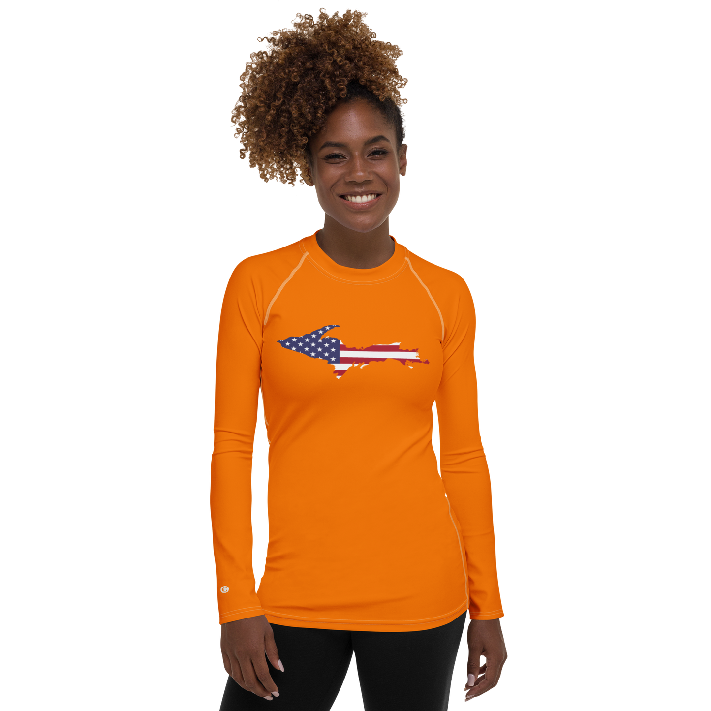 Michigan Upper Peninsula Rash Guard (w/ UP USA Flag) | Women's - Safety Orange