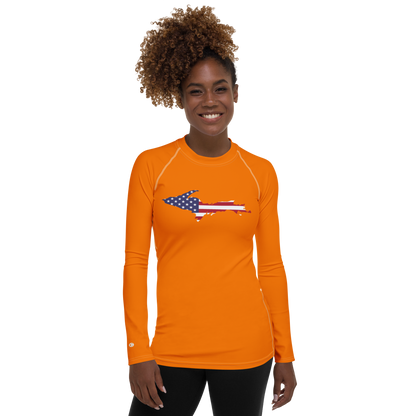 Michigan Upper Peninsula Rash Guard (w/ UP USA Flag) | Women's - Safety Orange