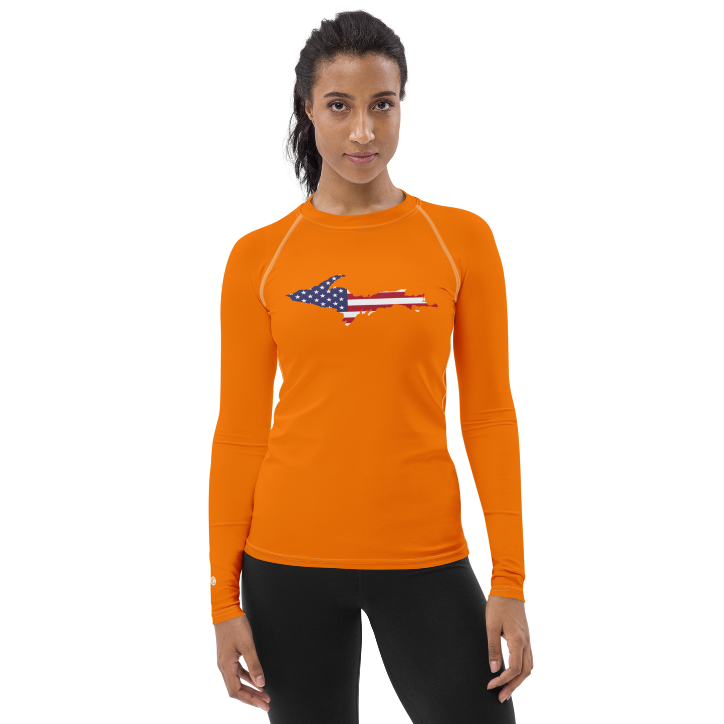 Michigan Upper Peninsula Rash Guard (w/ UP USA Flag) | Women's - Safety Orange