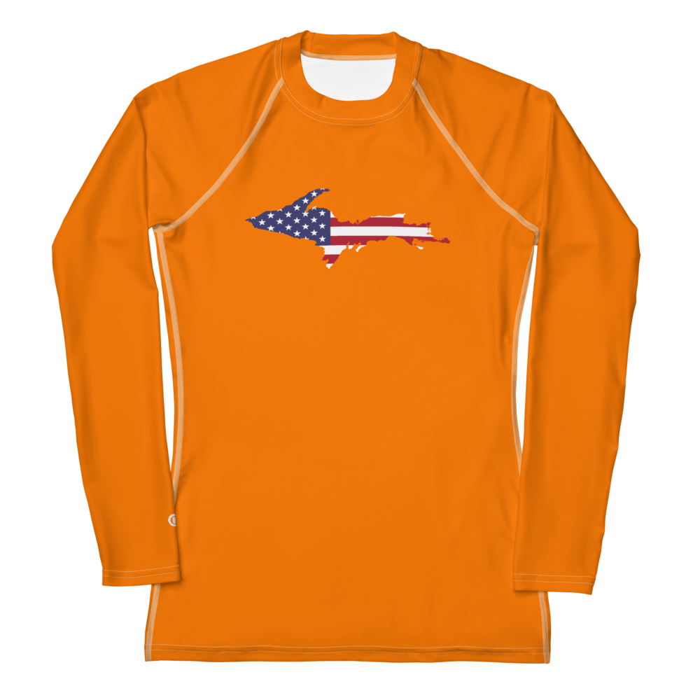 Michigan Upper Peninsula Rash Guard (w/ UP USA Flag) | Women's - Safety Orange