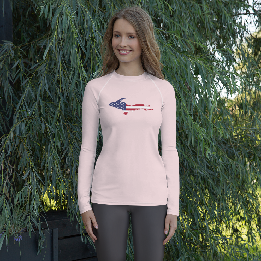 Michigan Upper Peninsula Rash Guard (w/ UP USA Flag) | Women's - Pale Pink