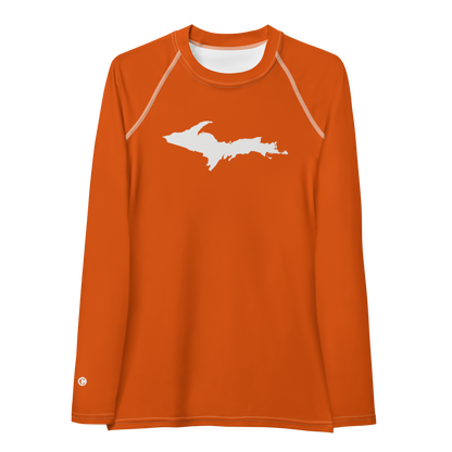 Michigan Upper Peninsula Rash Guard (w/ UP Outline) | Women's - Maple Leaf Orange