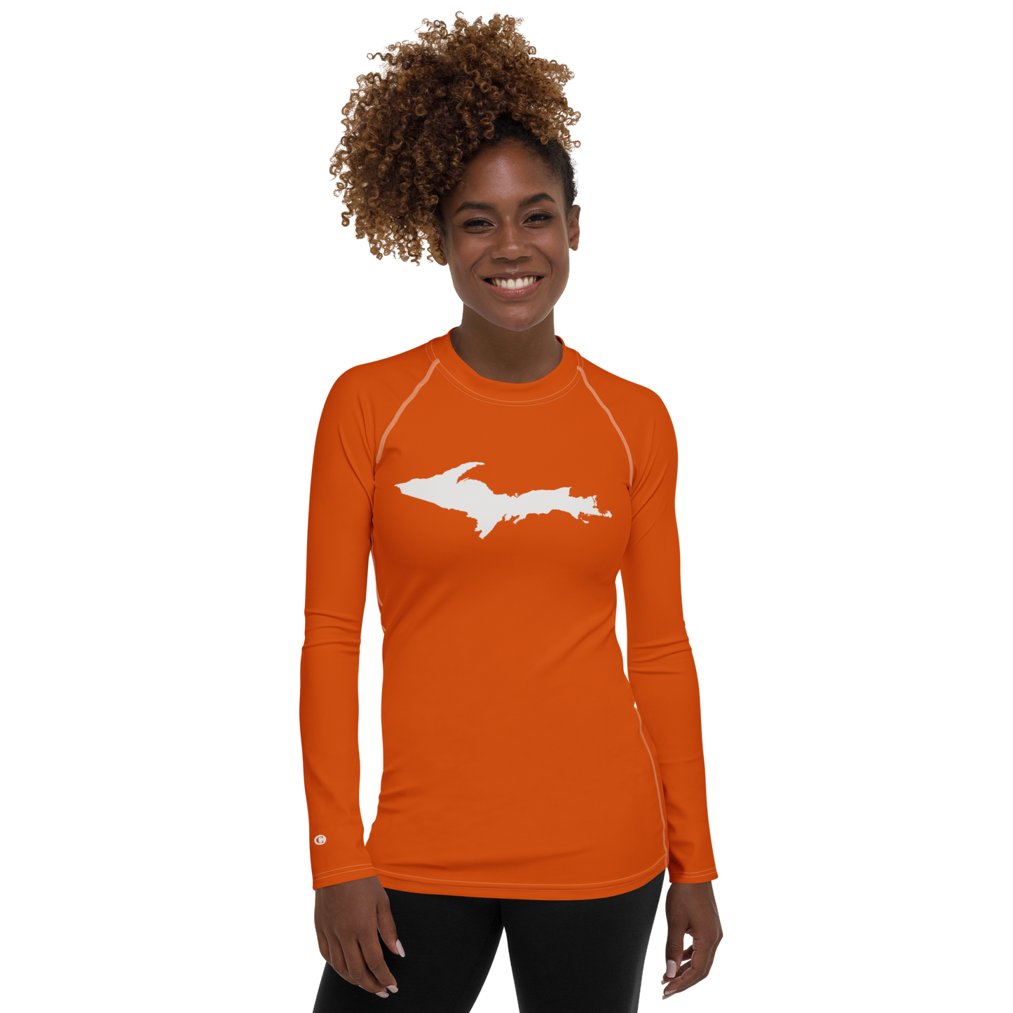 Michigan Upper Peninsula Rash Guard (w/ UP Outline) | Women's - Maple Leaf Orange