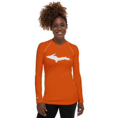 Michigan Upper Peninsula Rash Guard (w/ UP Outline) | Women's - Maple Leaf Orange