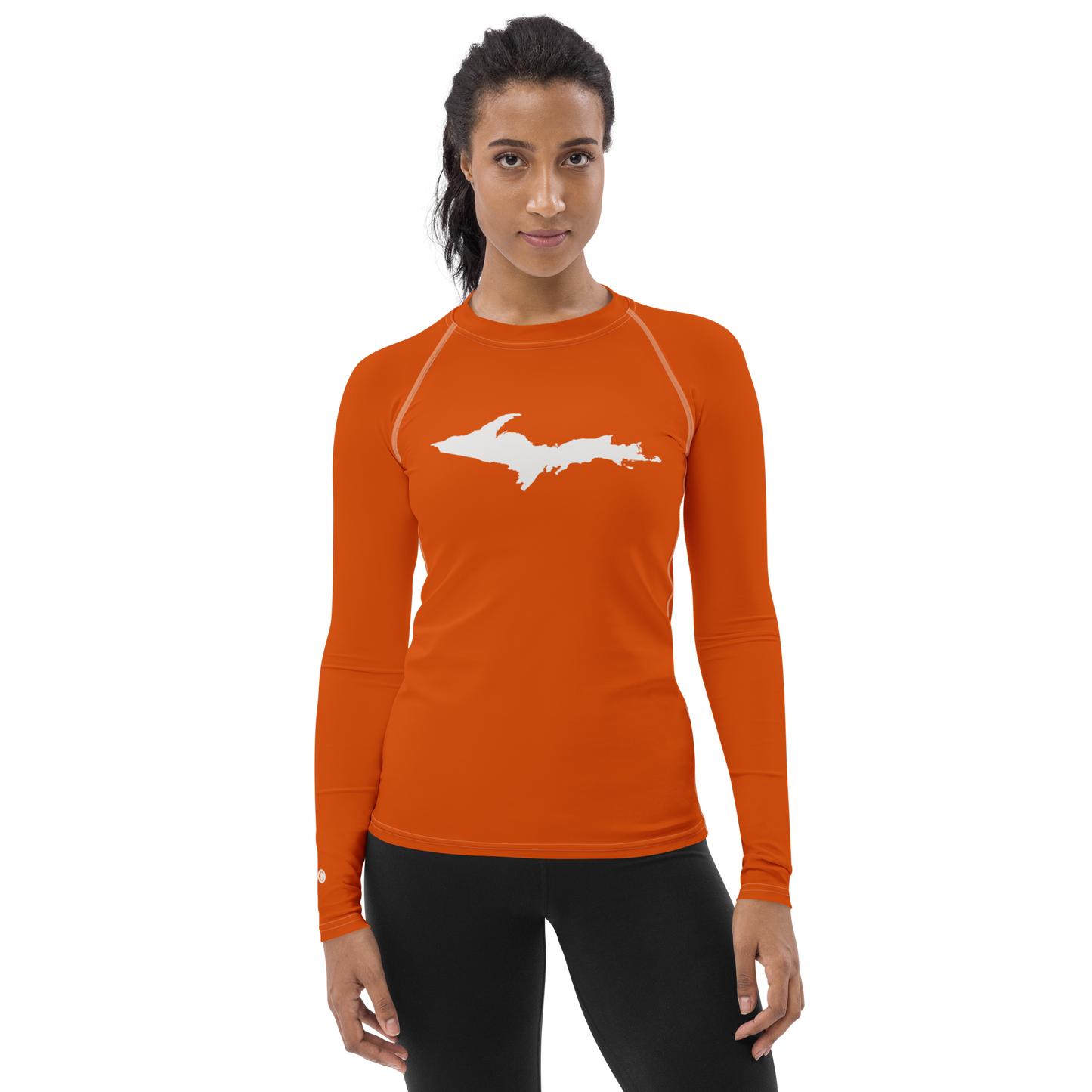 Michigan Upper Peninsula Rash Guard (w/ UP Outline) | Women's - Maple Leaf Orange