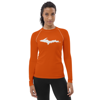 Michigan Upper Peninsula Rash Guard (w/ UP Outline) | Women's - Maple Leaf Orange