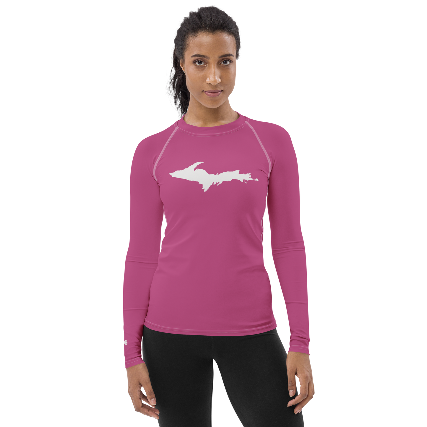 Michigan Upper Peninsula Rash Guard (w/ UP Outline) | Women's - Apple Blossom Pink