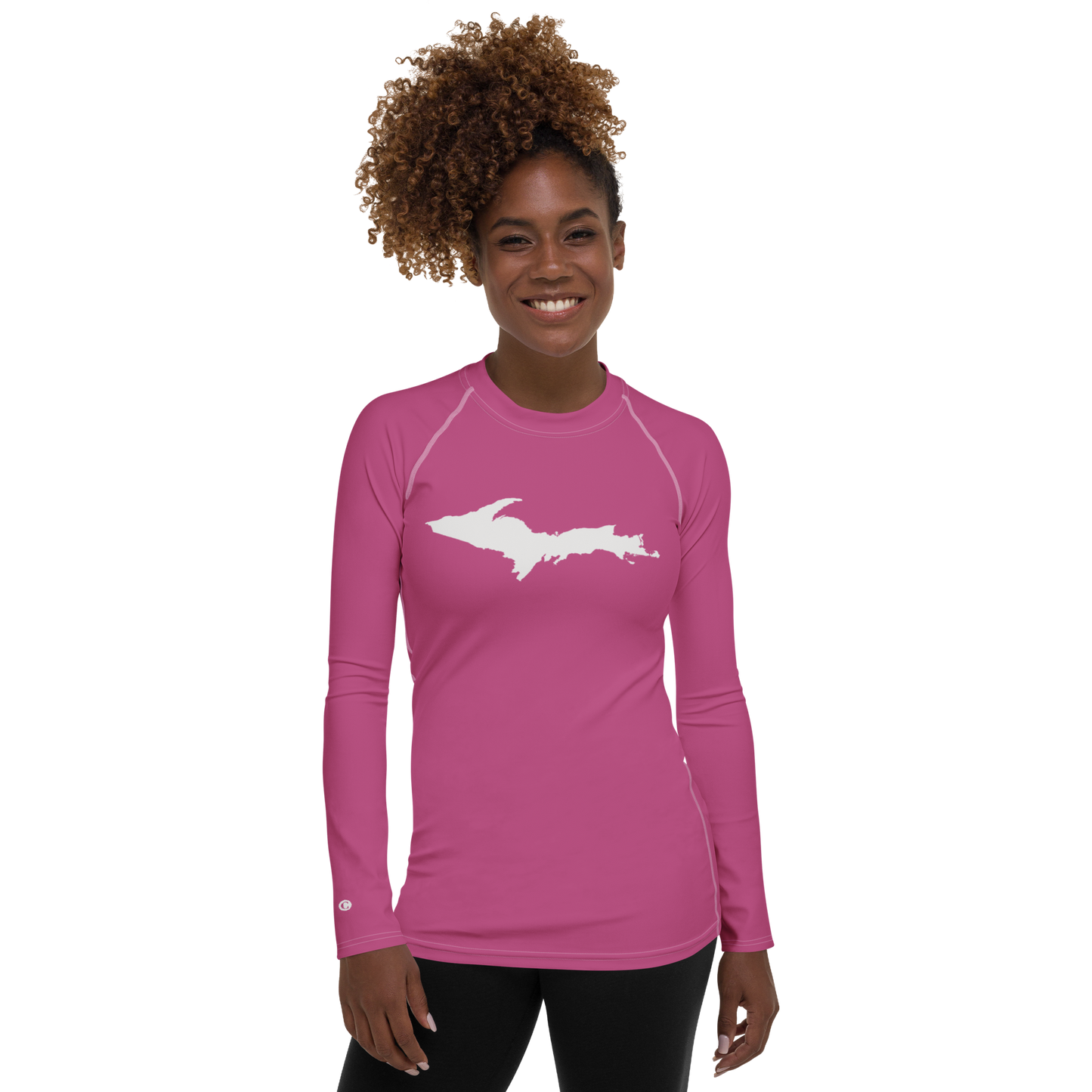 Michigan Upper Peninsula Rash Guard (w/ UP Outline) | Women's - Apple Blossom Pink