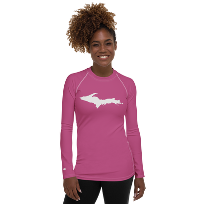 Michigan Upper Peninsula Rash Guard (w/ UP Outline) | Women's - Apple Blossom Pink