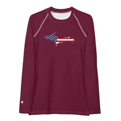 Michigan Upper Peninsula Rash Guard (w/ UP USA Flag) | Women's - Old Mission Burgundy